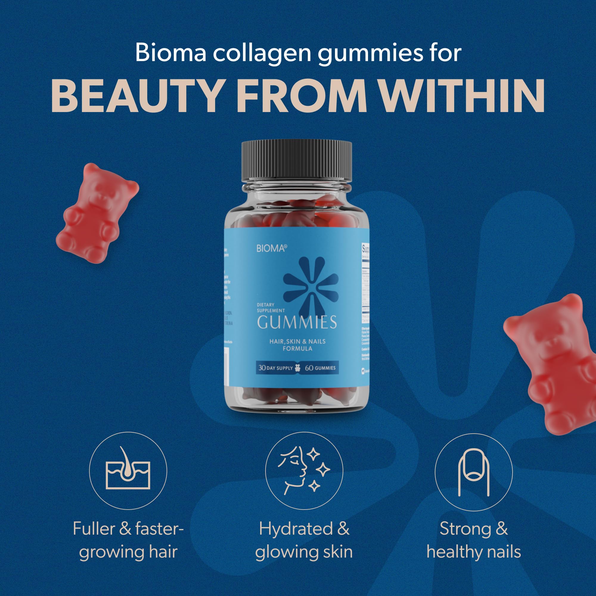 BIOMA Hair, Skin & Nails Beauty Gummies – Biotin, Collagen, Zinc & Vitamins C & E | Gluten-Free | 60 Gummies (30-Day Supply)