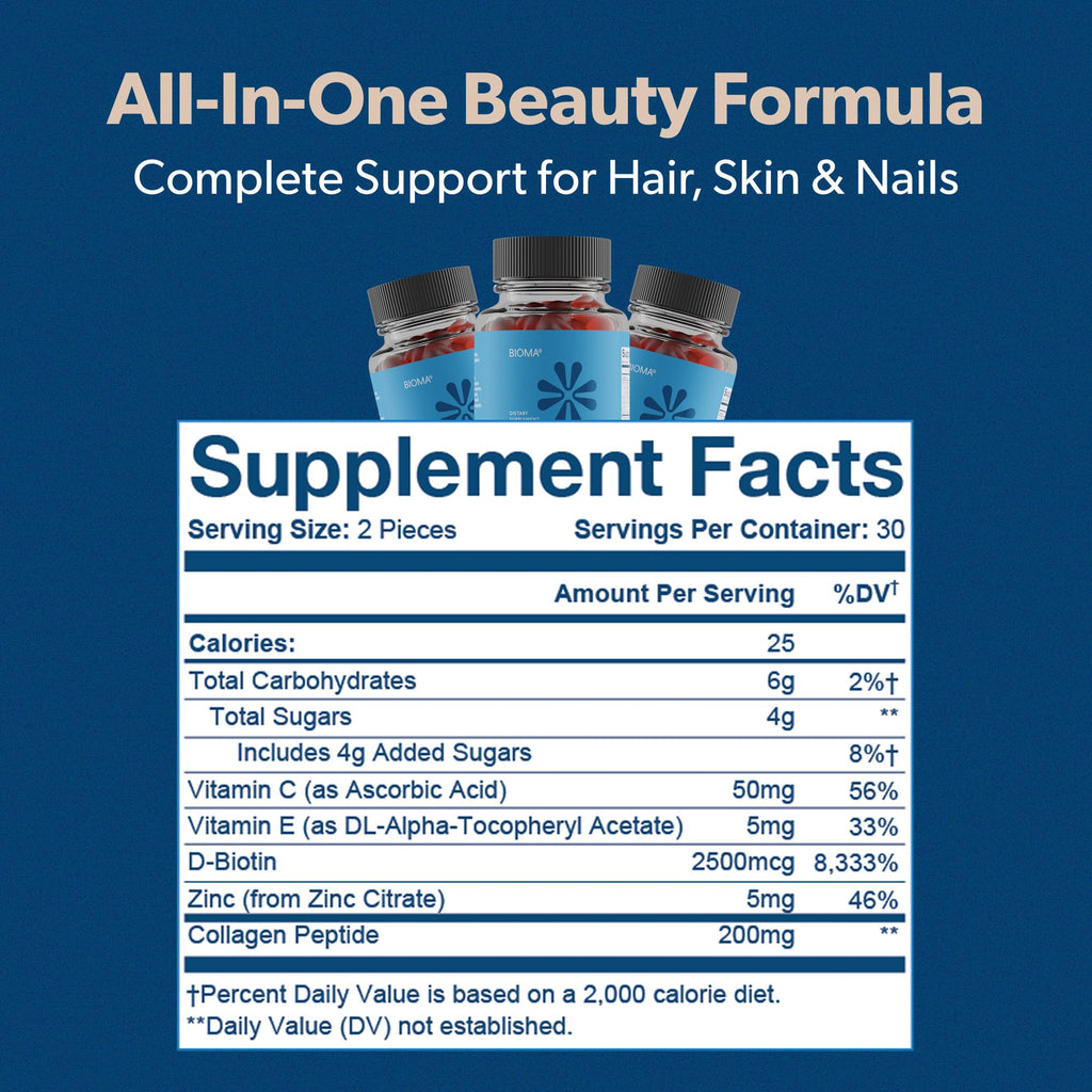 BIOMA Hair, Skin & Nails Gummies – Biotin, Collagen, Zinc, Vitamin C & D – Gluten-Free, 180 Gummies