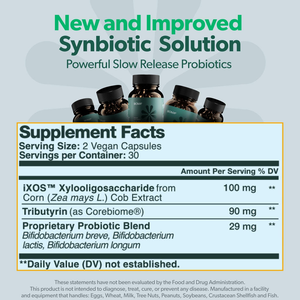 BIOMA Probiotics – Digestive Health Probiotic with XOS, Tributyrin & Bifidobacterium — 180 Delayed-Release Capsules (90-Day Supply)