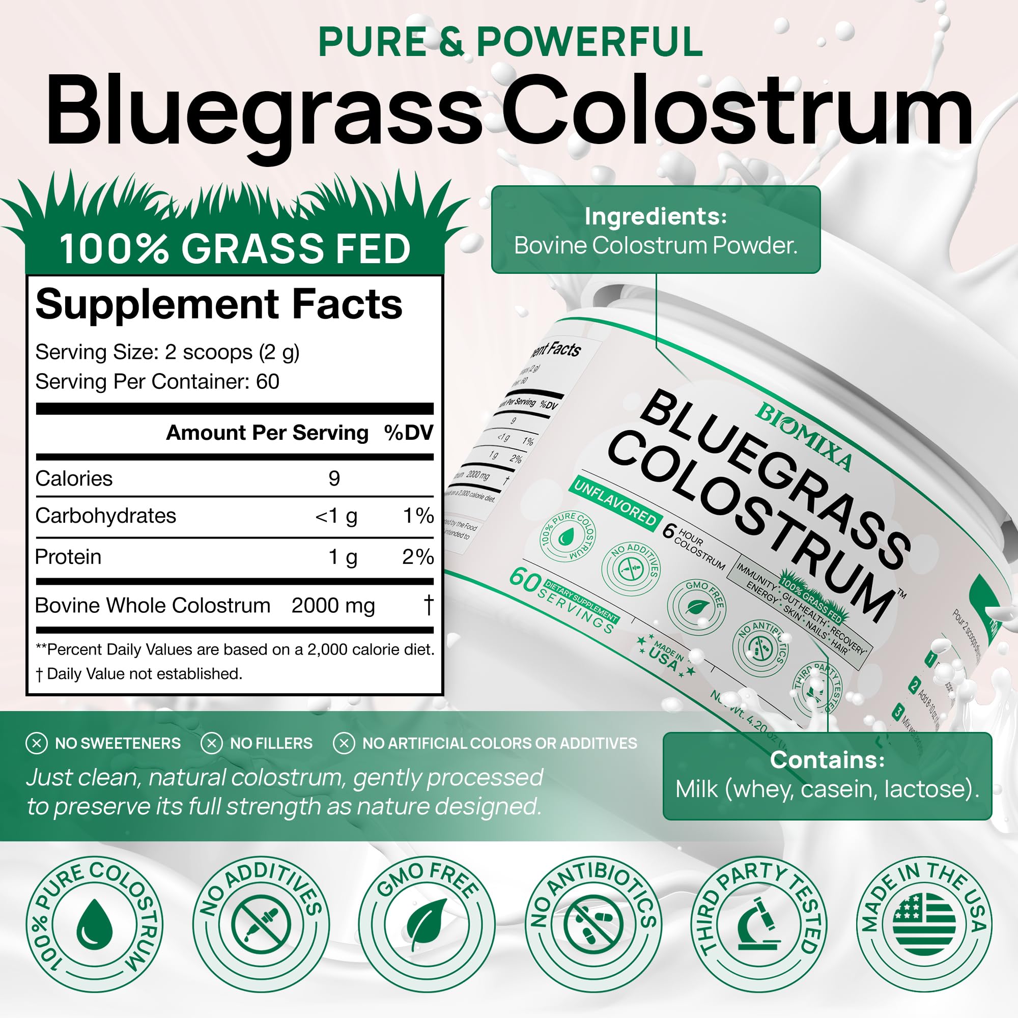 Bovine Colostrum Supplement – 100% Pure, Grass-Fed, Unflavored (60 Servings) | Made in USA