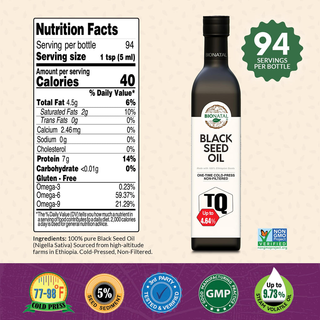 BioNatal Ethiopian Black Seed Oil – Cold-Pressed Nigella Sativa, 16oz Glass