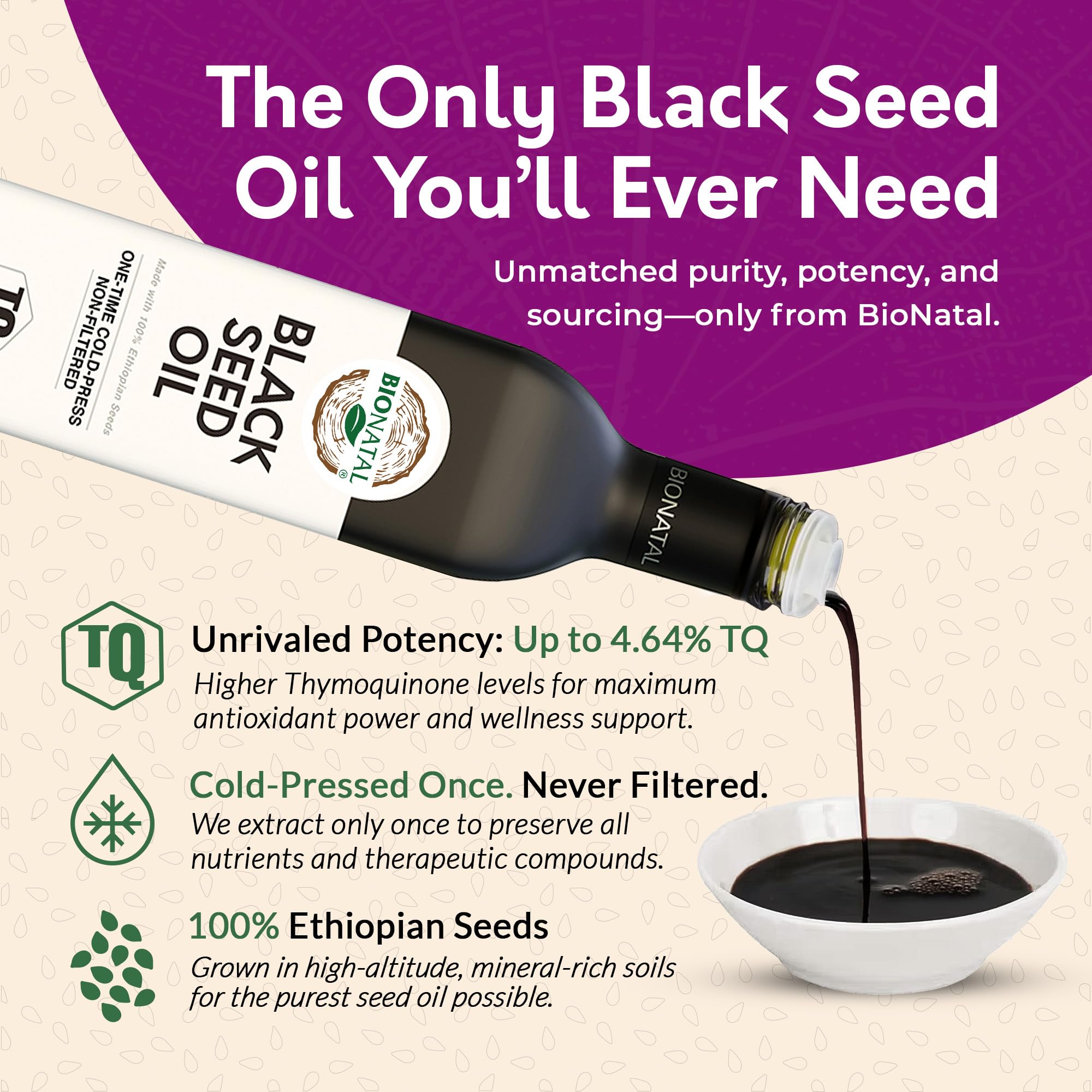BioNatal Ethiopian Black Seed Oil – Cold-Pressed Nigella Sativa, 16oz Glass