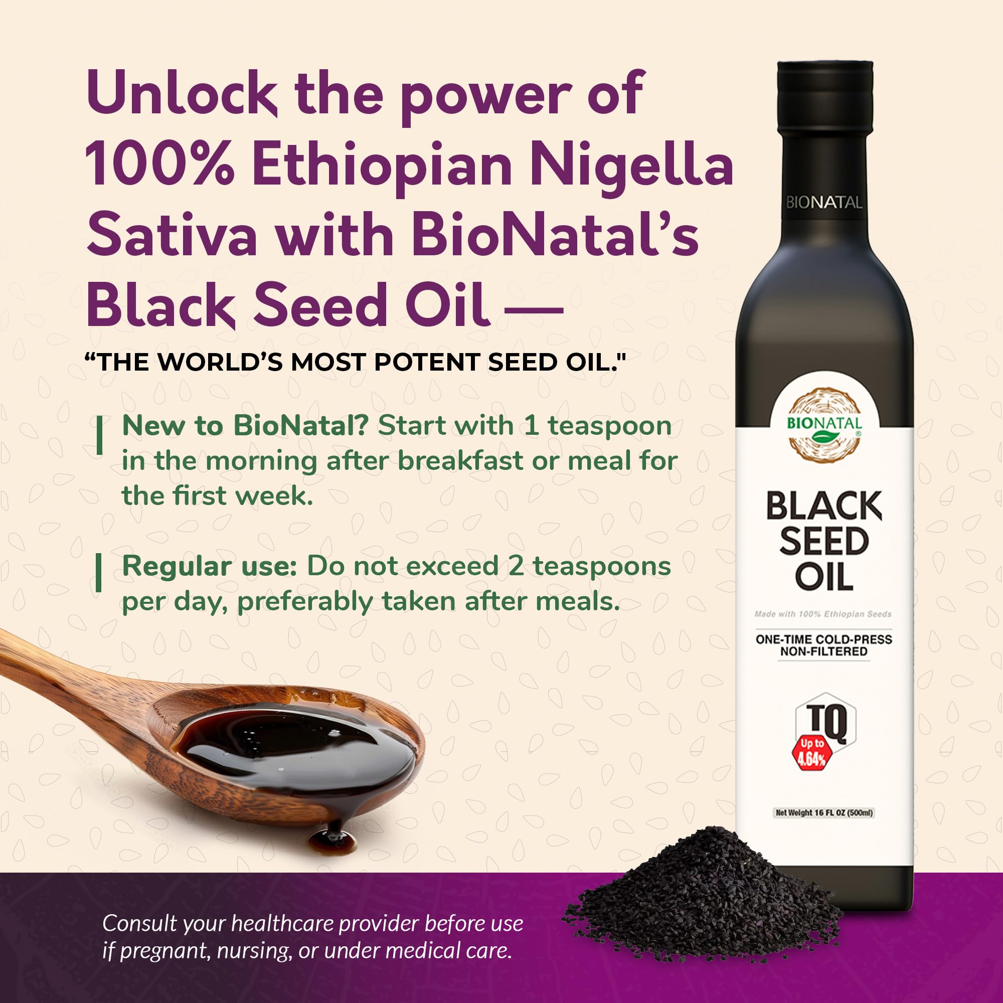 BioNatal Ethiopian Black Seed Oil – Cold-Pressed Nigella Sativa, 16oz Glass