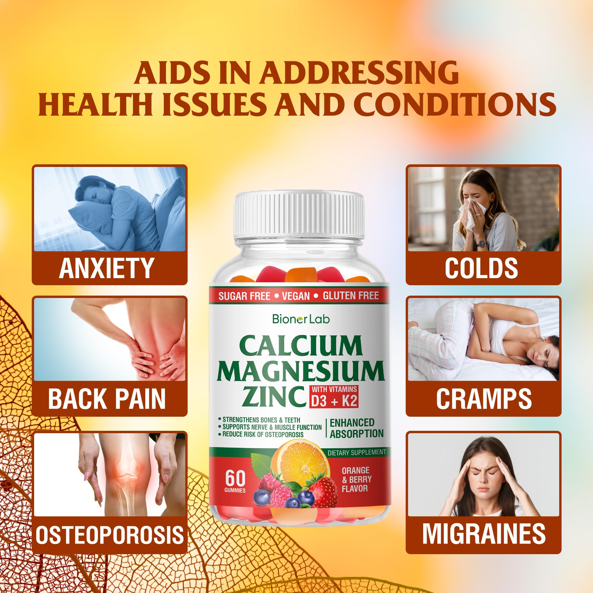 BionerLab Calcium Magnesium Zinc Gummies – Vitamin D3 & K2, High Potency