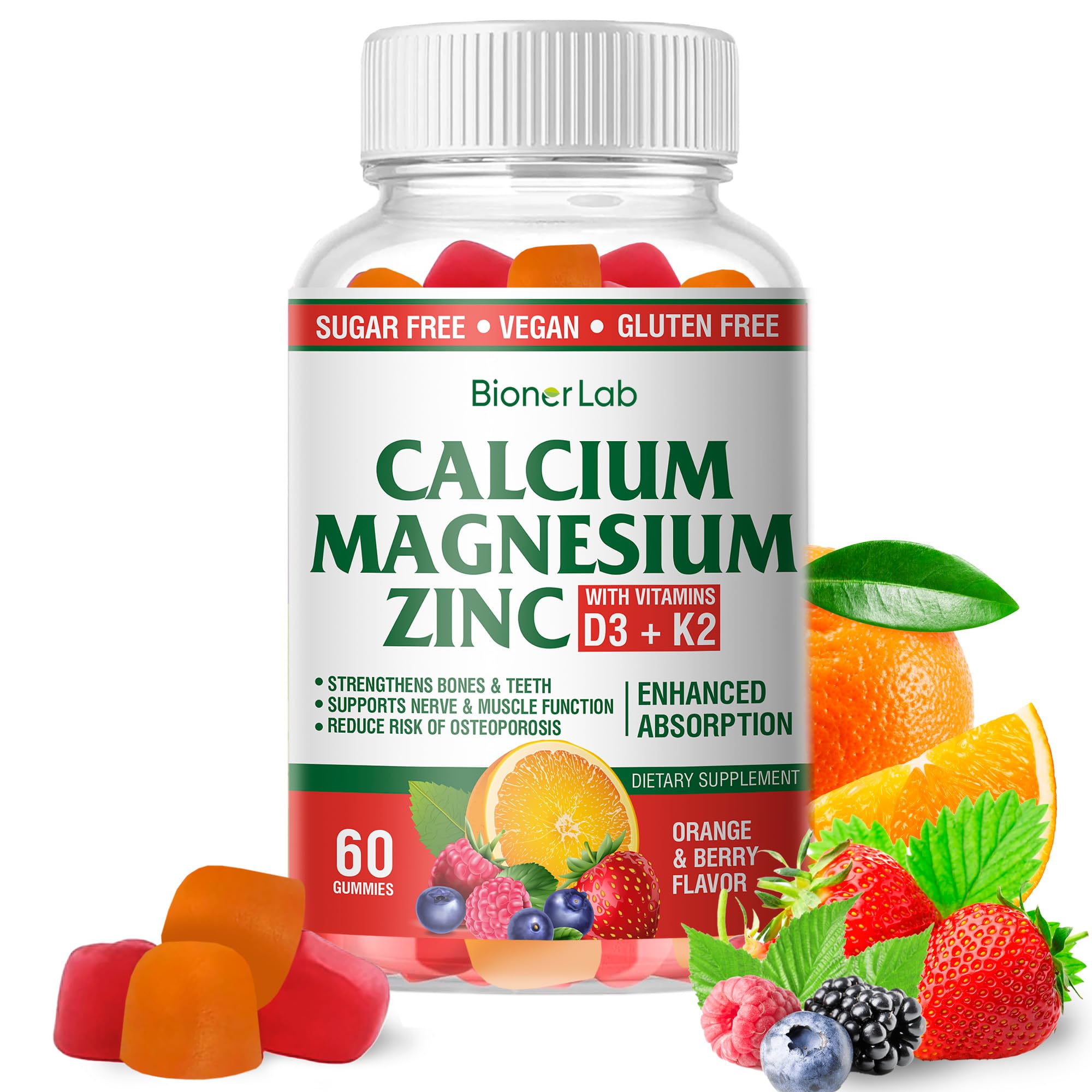 BionerLab Calcium Magnesium Zinc Gummies – Vitamin D3 & K2, High Potency