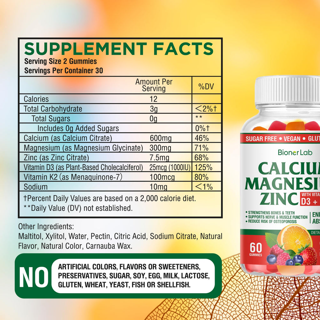BionerLab Calcium Magnesium Zinc Gummies + Vitamin D3 & K2 — High Potency, Orange & Berry Flavor
