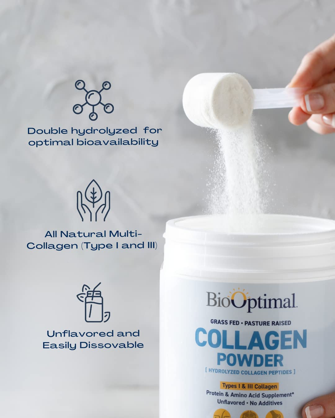 BioOptimal Collagen Peptides Powder – Grass-Fed, Pasture-Raised Hydrolyzed Protein Supplement for Skin, Hair & Nails – Non-GMO, Zero Sugar | 30 Servings