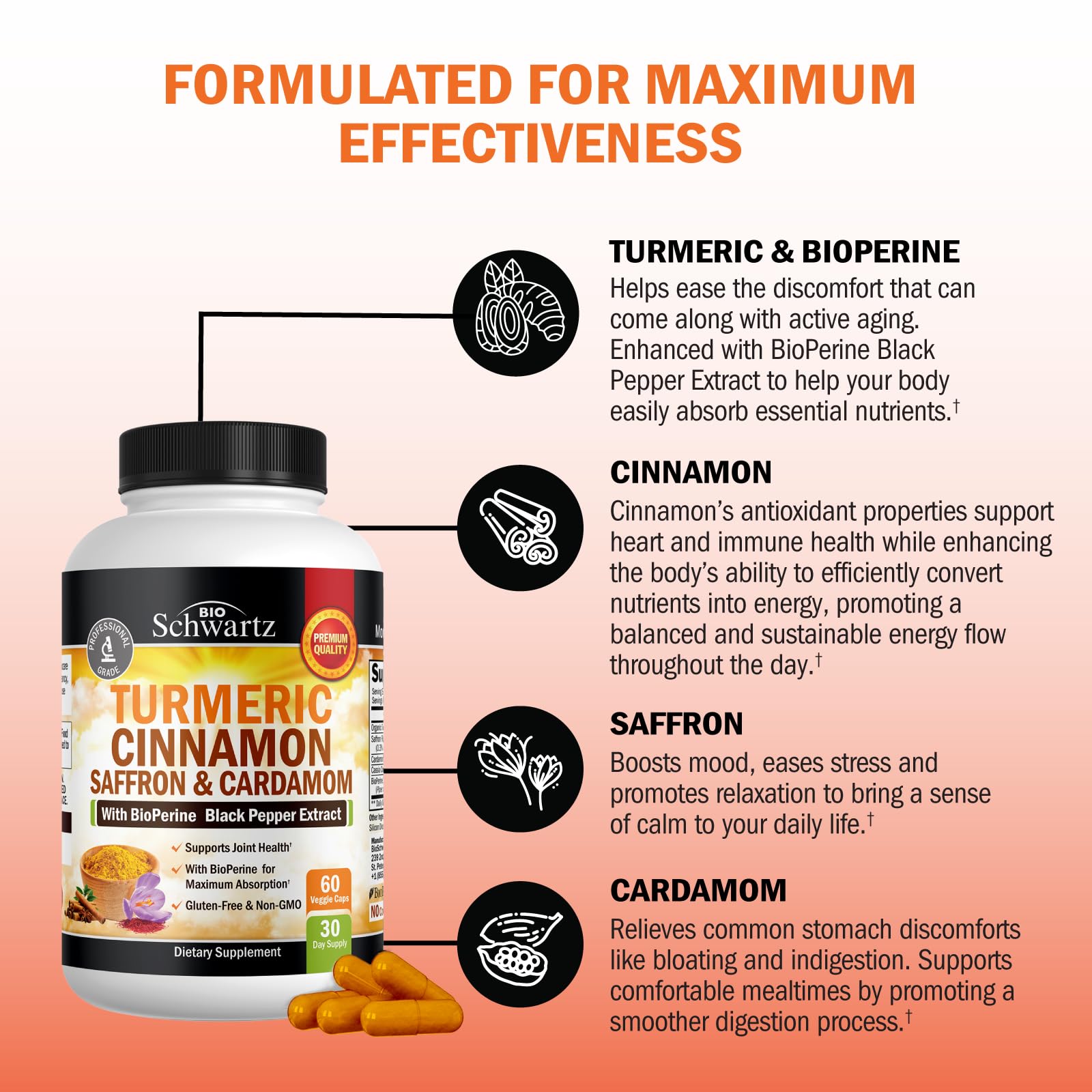 Turmeric Curcumin with Saffron, Cinnamon & Cardamom + BioPerine – Joint Support, 60 Capsules