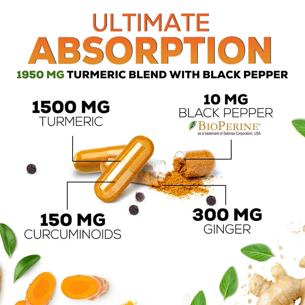 Turmeric Curcumin 1950mg – 95% Curcuminoids, Organic Turmeric & Ginger, BioPerine | 240 Capsules