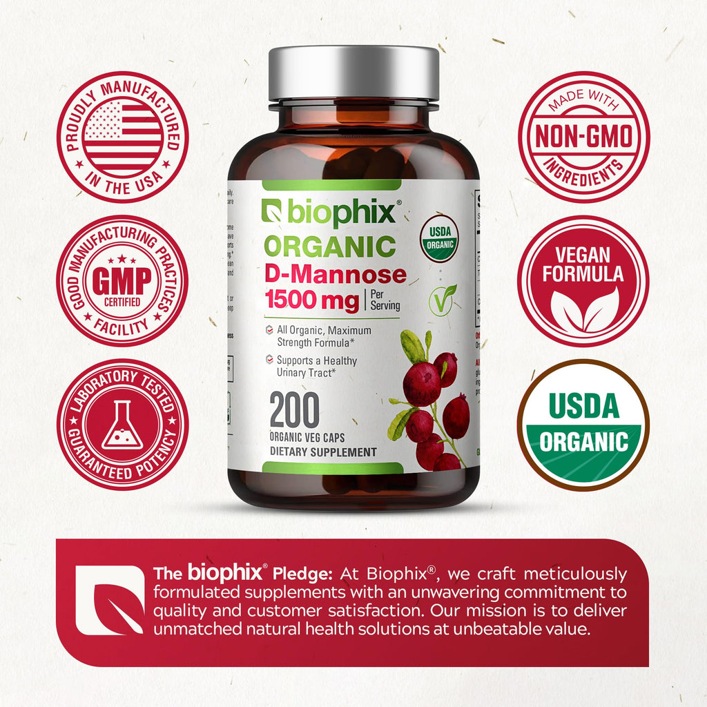 Biophix D-Mannose 1500 mg – 200 Veggie Caps | USDA Organic, Non-GMO, Vegan-Friendly
