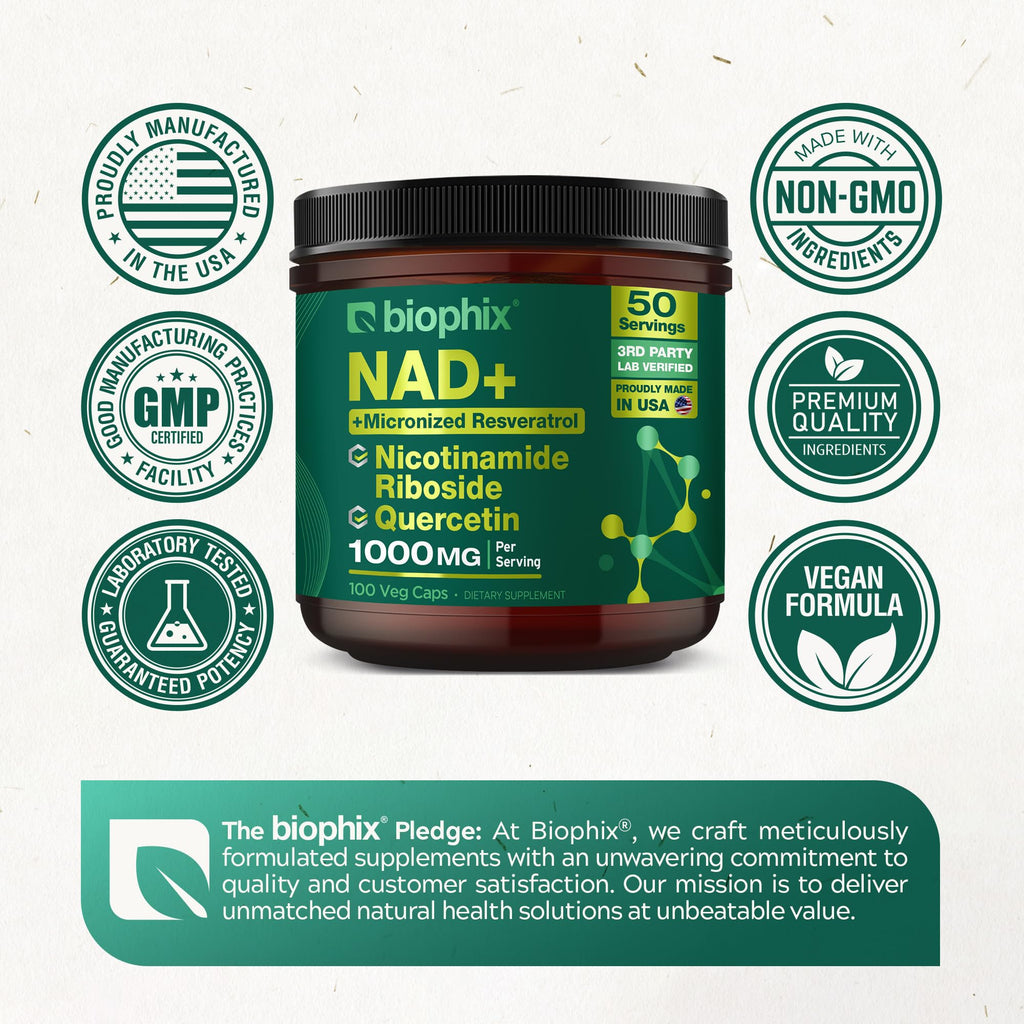Biophix NAD+ Liposomal Supplement – 1000 mg/Serving | NR, Resveratrol & Quercetin | 100 Veg Caps