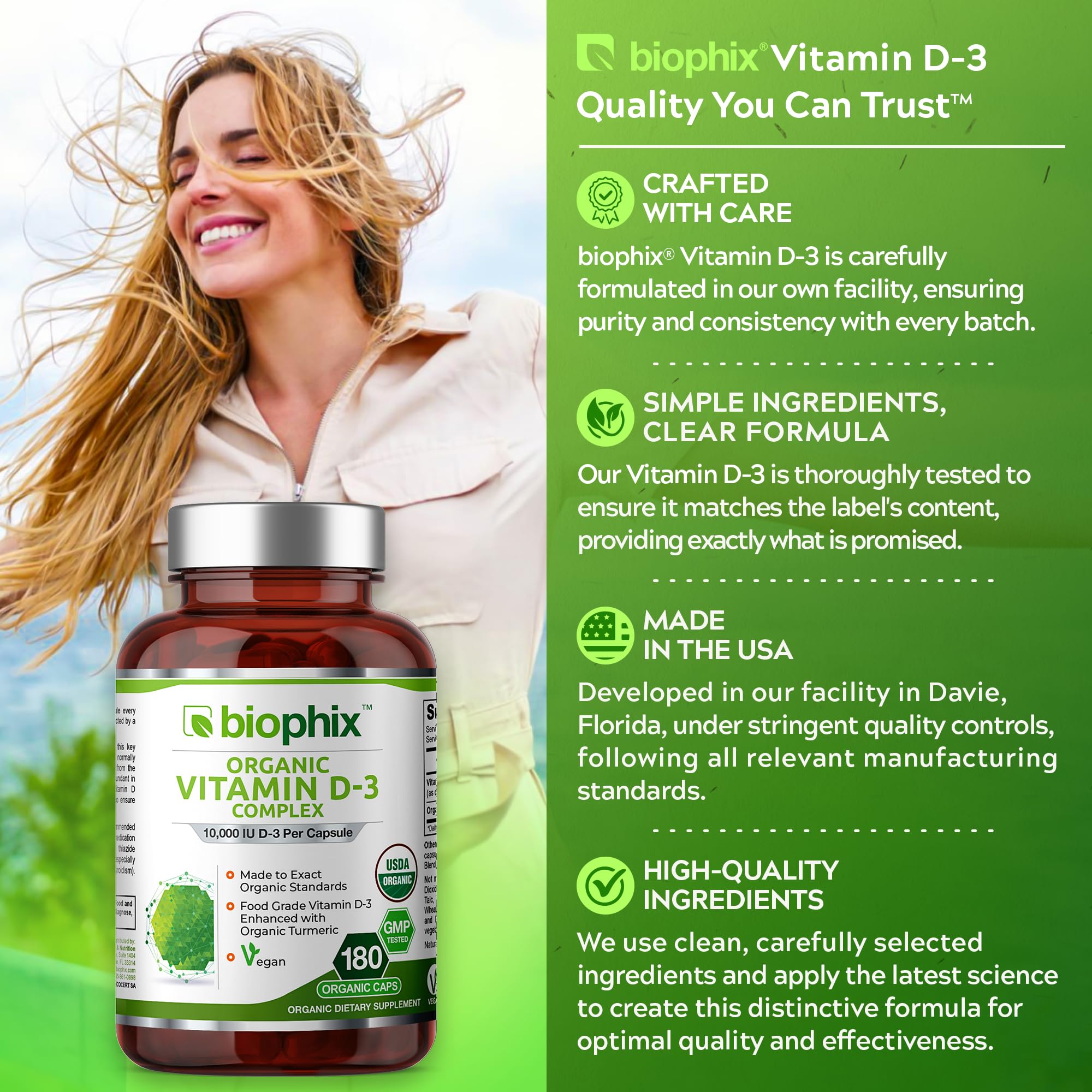Biophix Organic Vitamin D-3 Complex 10000 IU – 180 Vcaps with Turmeric | High-Potency for Strong Bones & Immune Health