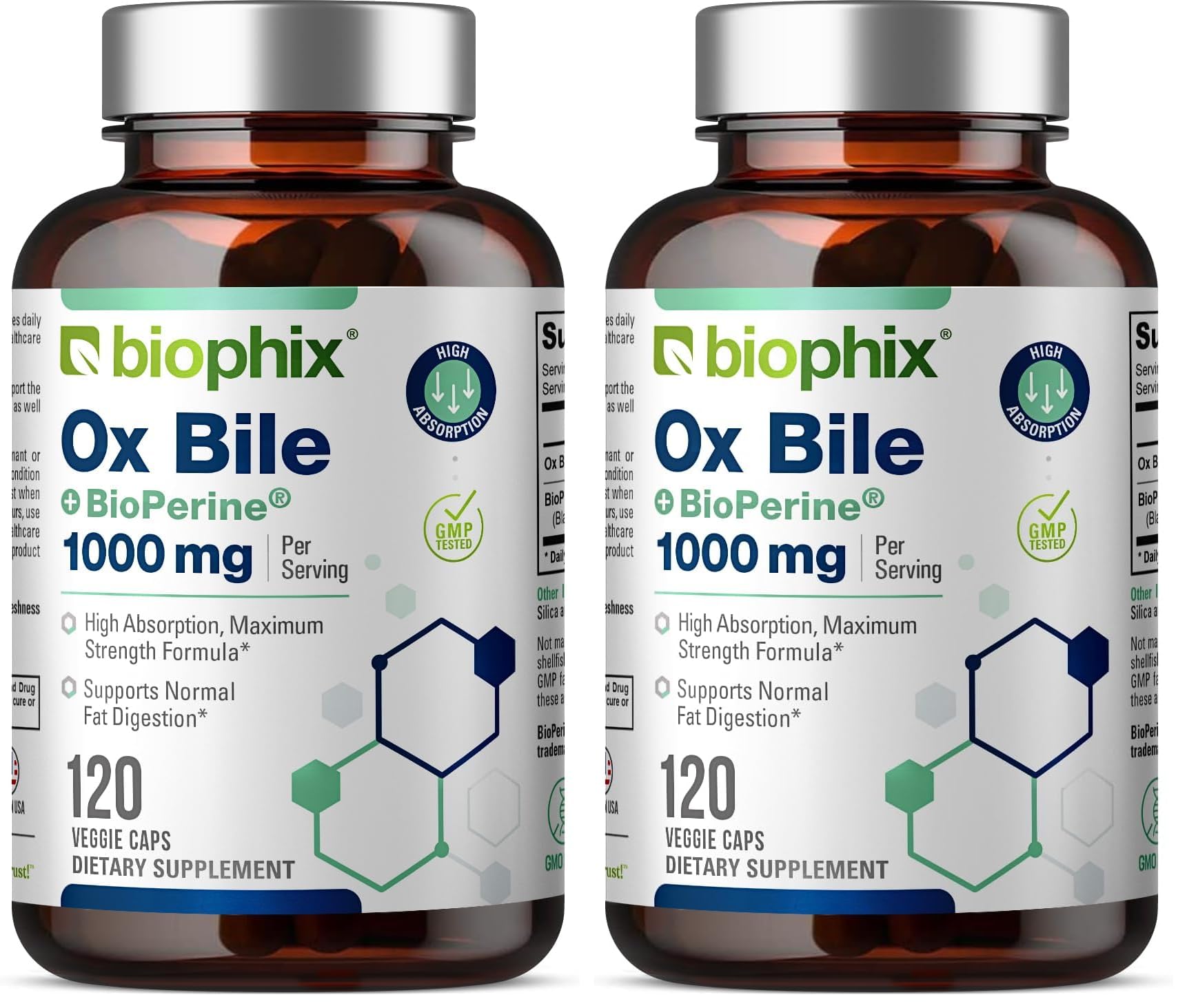 Biophix Ox Bile 1000 mg with BioPerine | 120 Veggie Capsules - Pack of 2