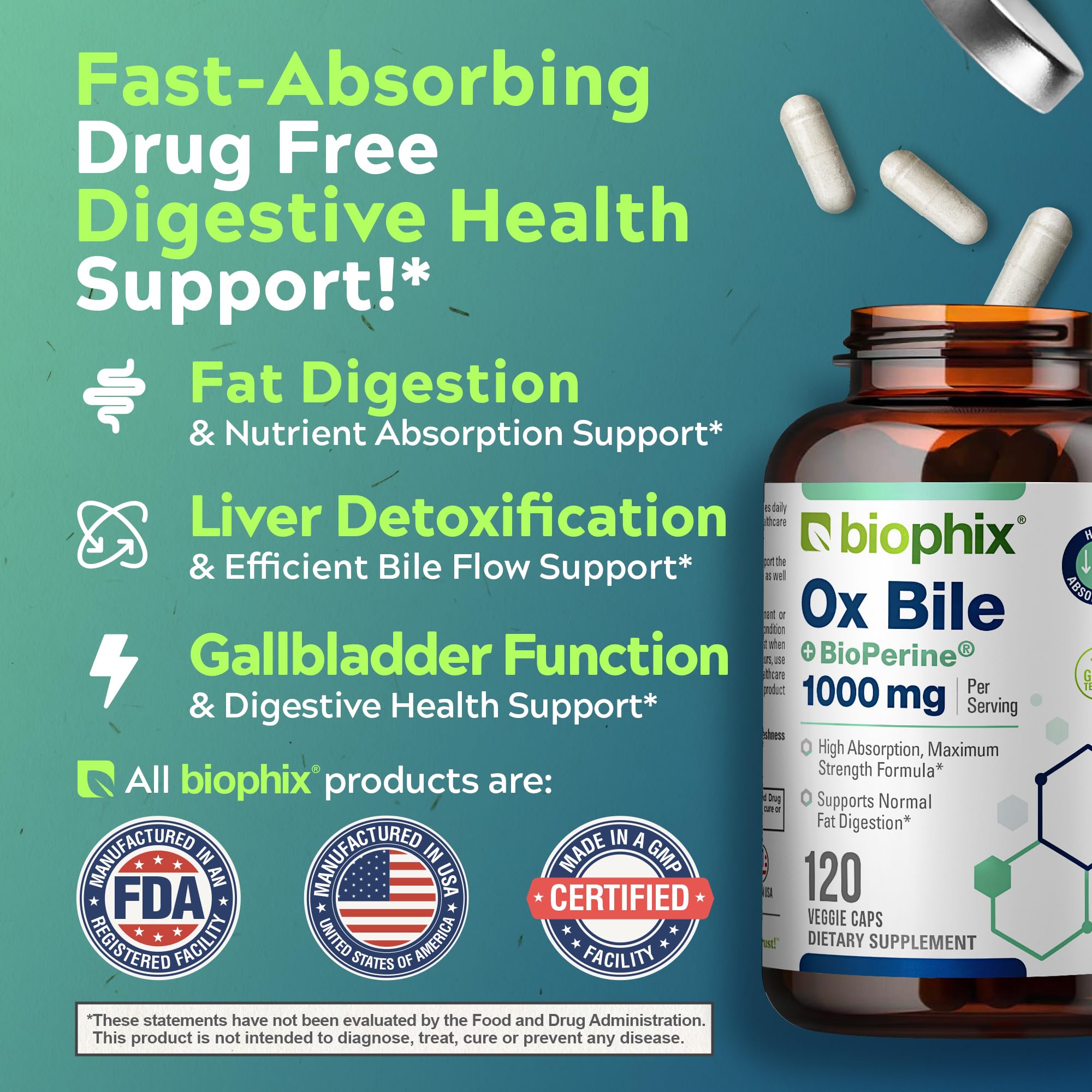 Biophix Ox Bile 1000 mg with BioPerine | 120 Veggie Capsules - Pack of 2