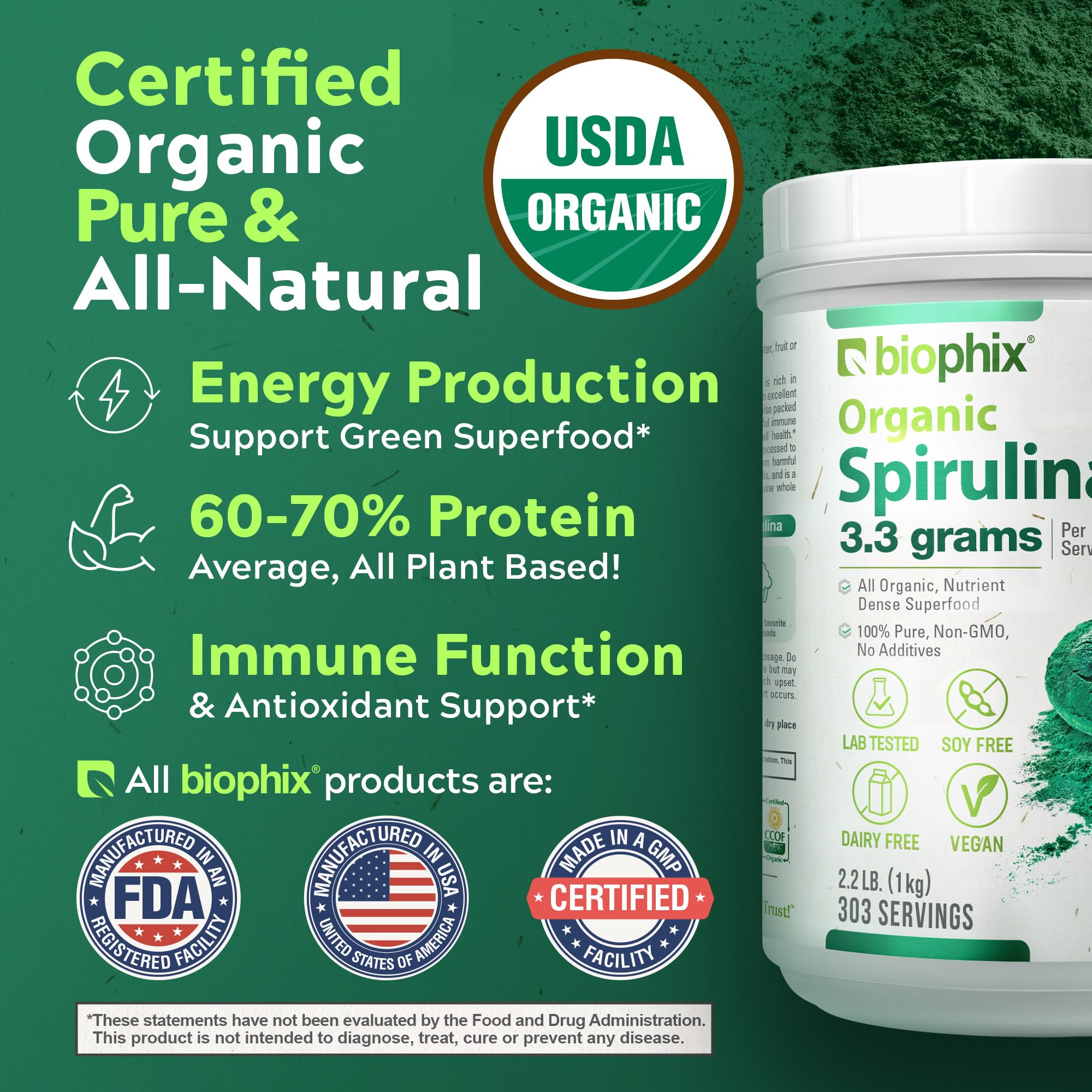 Biophix Organic Spirulina Powder - 2.2 Lbs, 100% Pure, Vegan, Non-GMO, USDA Certified