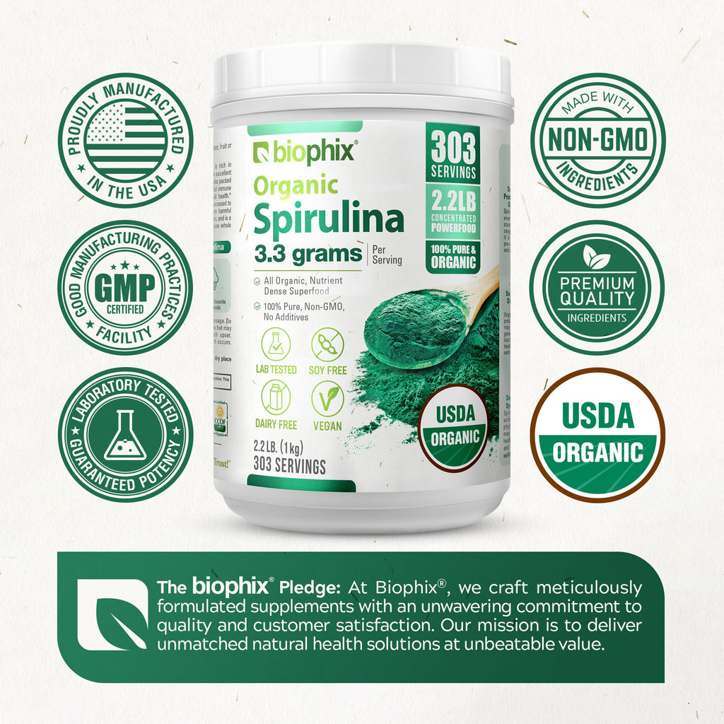 Biophix Organic Spirulina Powder - 2.2 Lbs, 100% Pure, Vegan, Non-GMO, USDA Certified