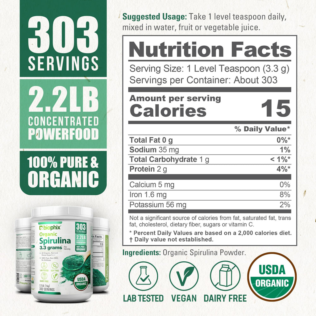 Biophix Organic Spirulina Powder - 2.2 Lbs, 100% Pure, Vegan, Non-GMO, USDA Certified