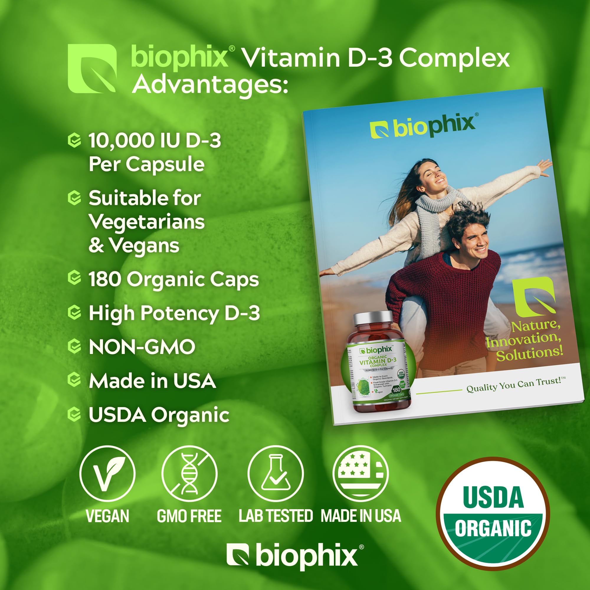 Biophix Organic Vitamin D-3 Complex 10000 IU – 180 Vcaps with Turmeric | High-Potency for Strong Bones & Immune Health