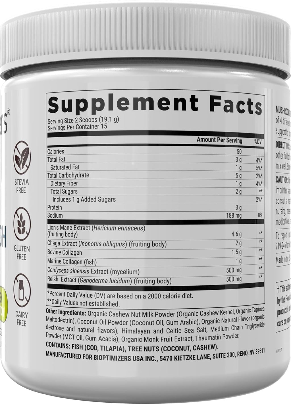 BIOptimizers Mushroom Coffee Alternative – Salted Caramel with Lion's Mane, Chaga, Reishi + Collagen & MCT (15 Servings)