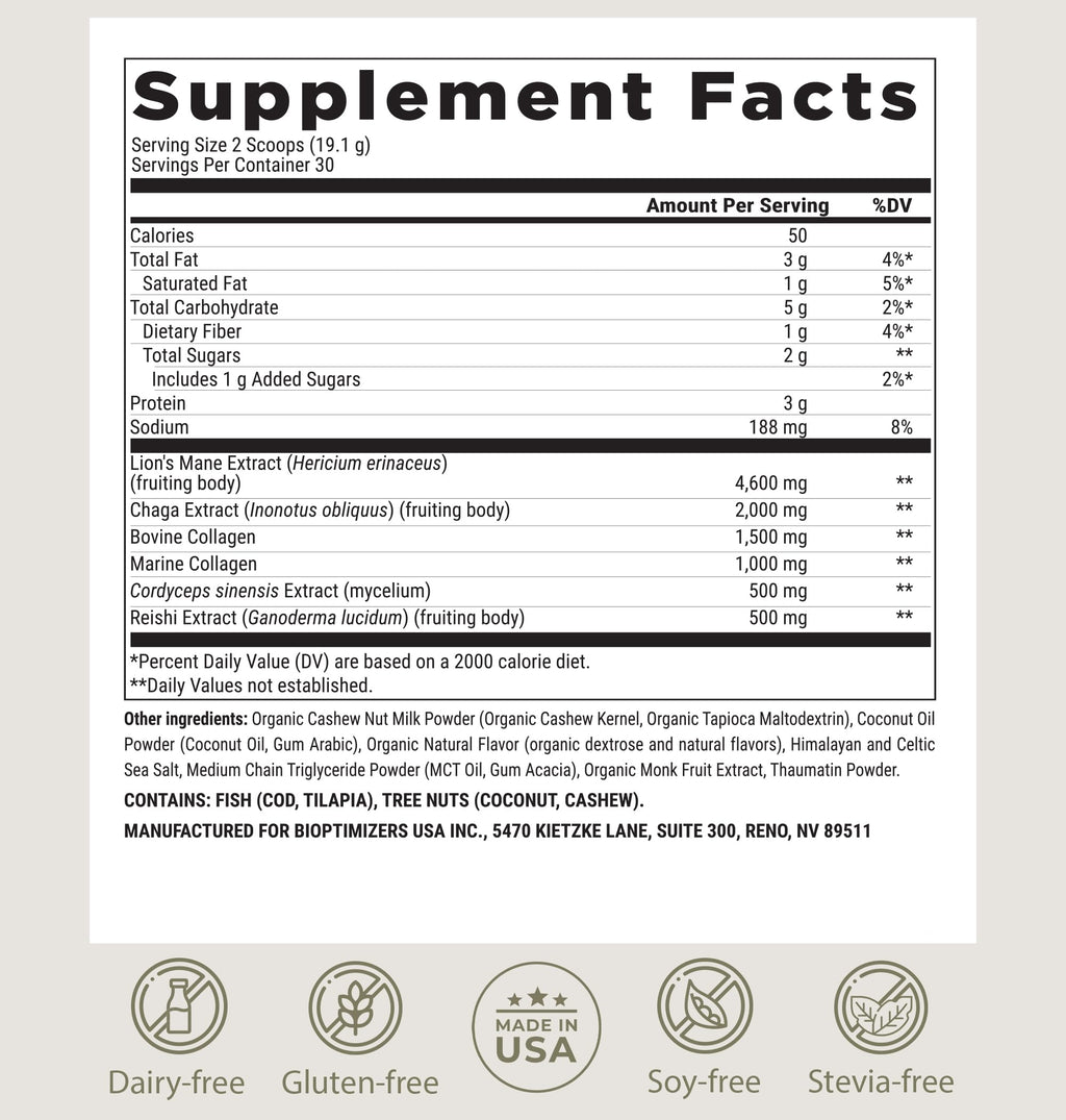 BIOptimizers Mushroom Coffee Alternative – Salted Caramel with Lion’s Mane, Chaga & Reishi + Collagen & MCT – 30 Servings
