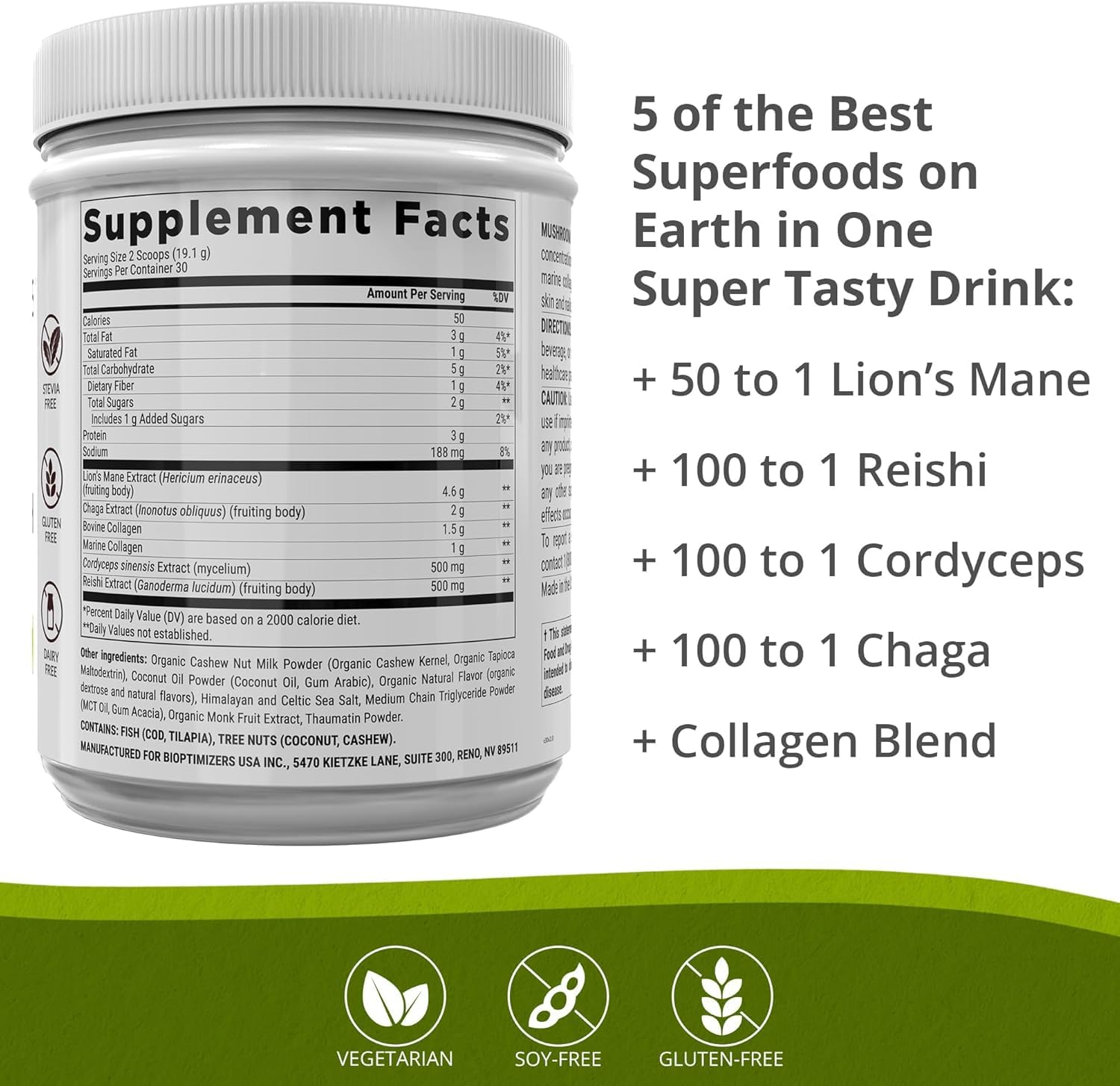 BIOptimizers Mushroom Coffee Alternative – Salted Caramel with Lion's Mane, Chaga, Reishi + Collagen & MCT (15 Servings)