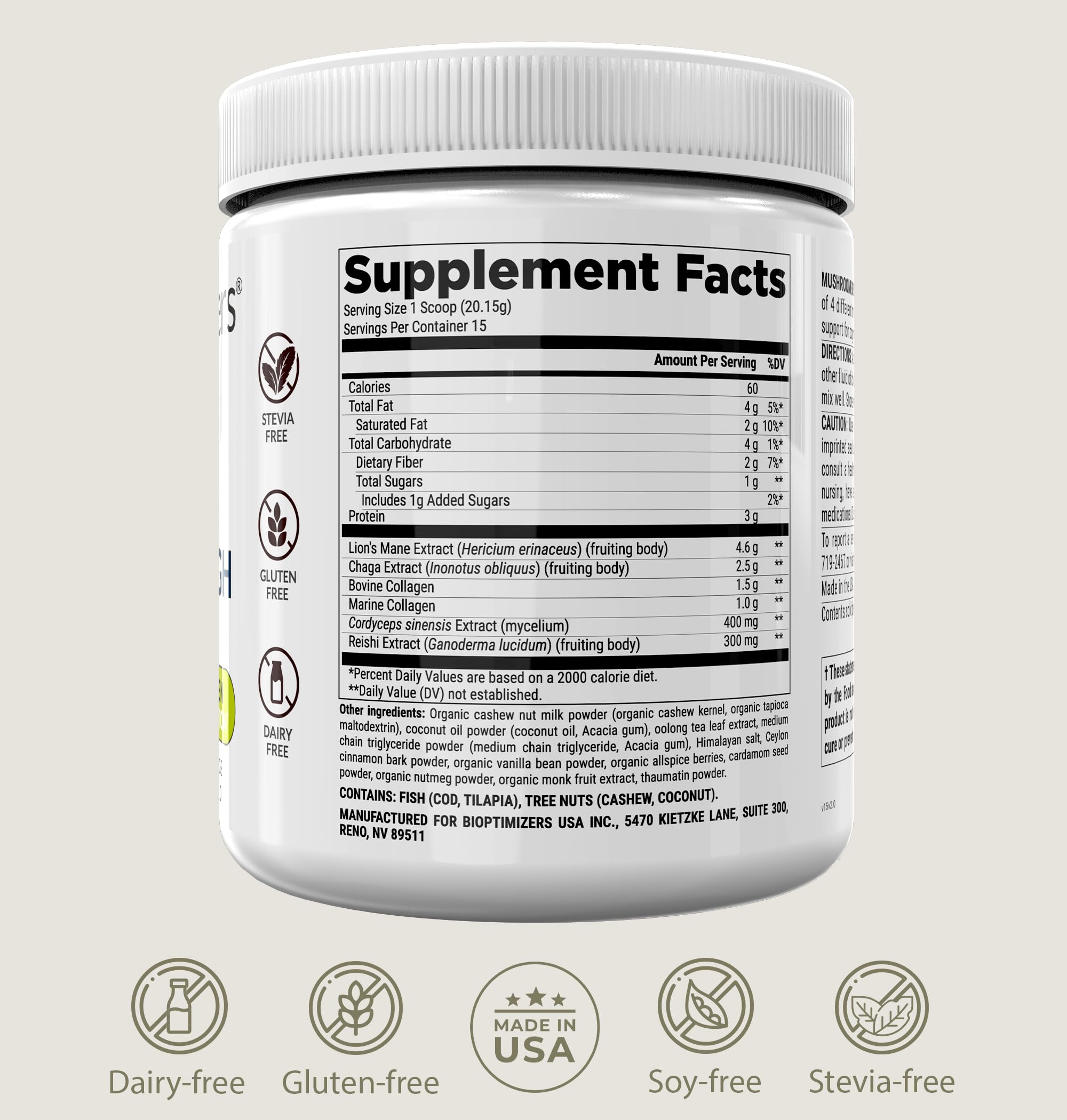 BIOptimizers Mushroom Coffee Alternative – Chai Drink with Lion’s Mane, Chaga, Reishi + Collagen – 15 Servings