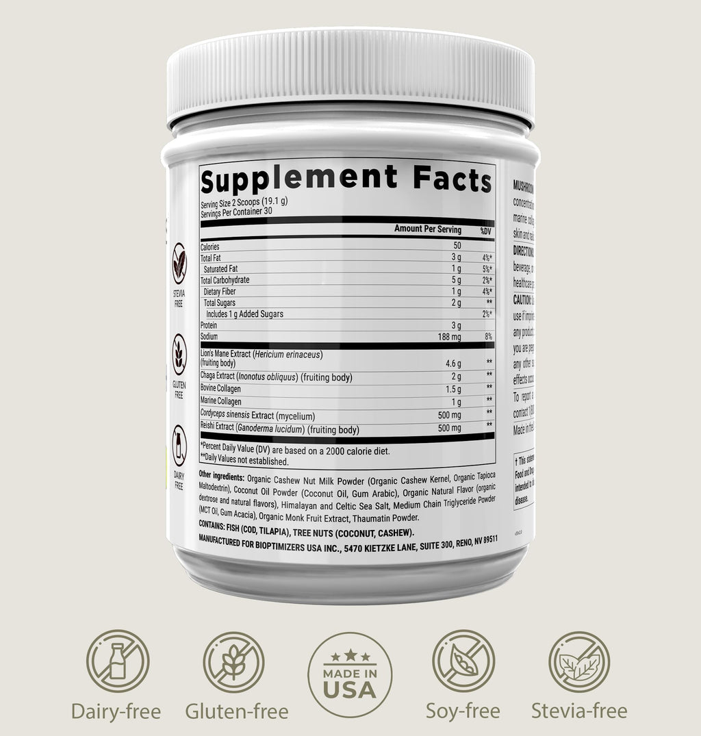 BIOptimizers Mushroom Coffee Alternative – Salted Caramel with Lion’s Mane, Chaga & Reishi + Collagen & MCT – 30 Servings