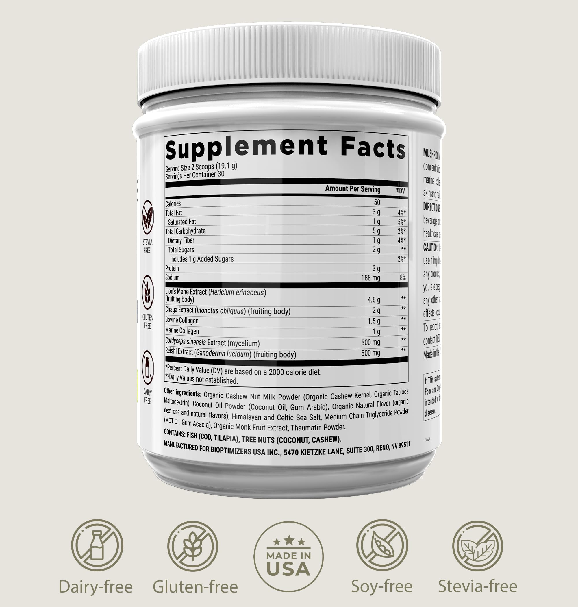 BIOptimizers Mushroom Coffee Alternative – Salted Caramel with Lion’s Mane, Chaga & Reishi + Collagen & MCT – 30 Servings