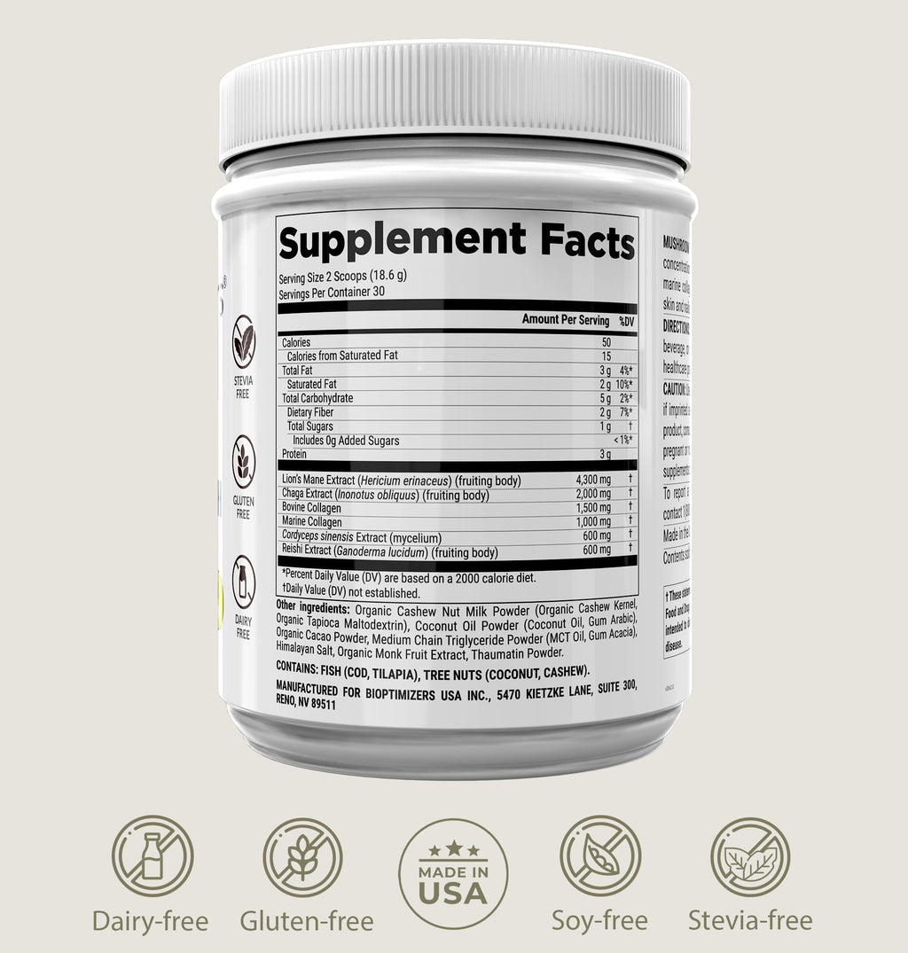 BIOptimizers Mushroom Coffee Alternative – Chocolate with Lion’s Mane, Chaga & Reishi + Collagen Peptides for Focus, Energy & Gut Health – Adaptogenic Mushrooms & MCT Powder – 30 Servings