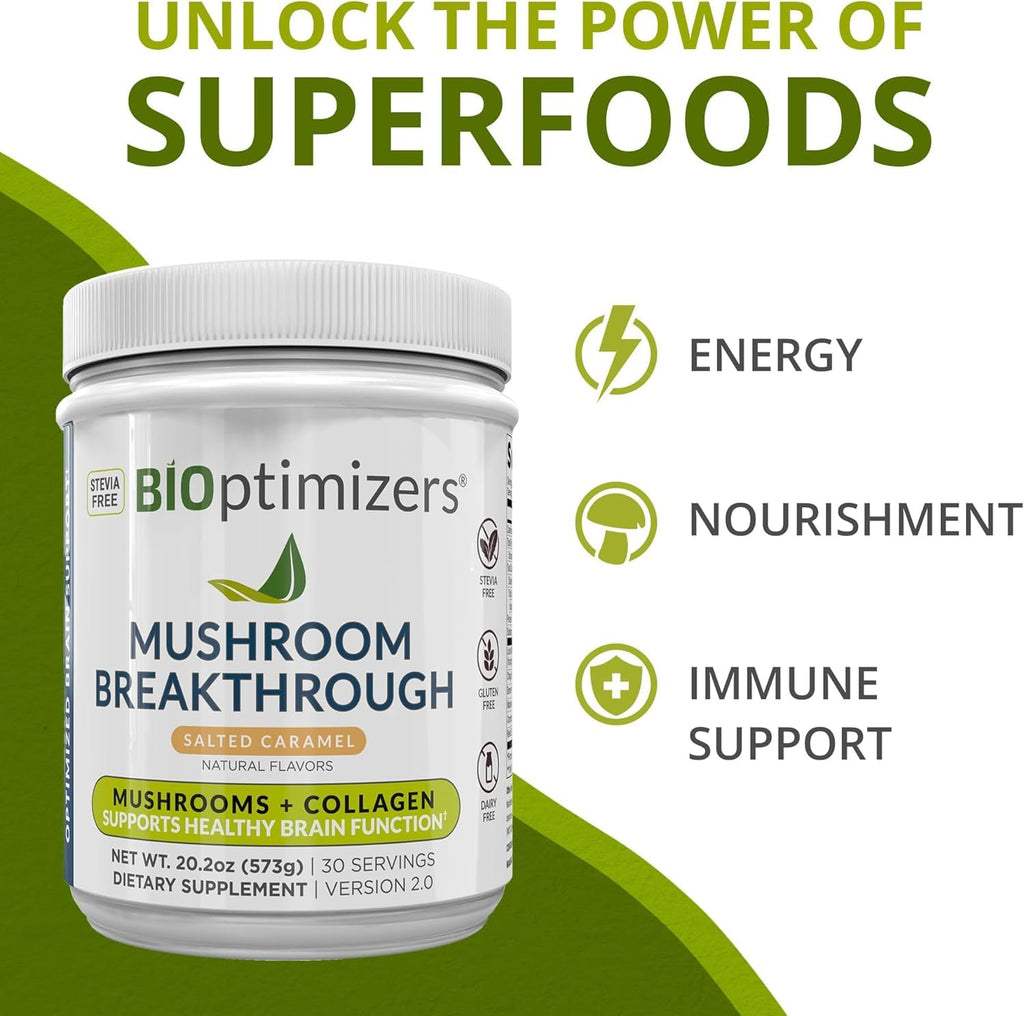 BIOptimizers Mushroom Coffee Alternative – Salted Caramel with Lion's Mane, Chaga, Reishi + Collagen & MCT (15 Servings)