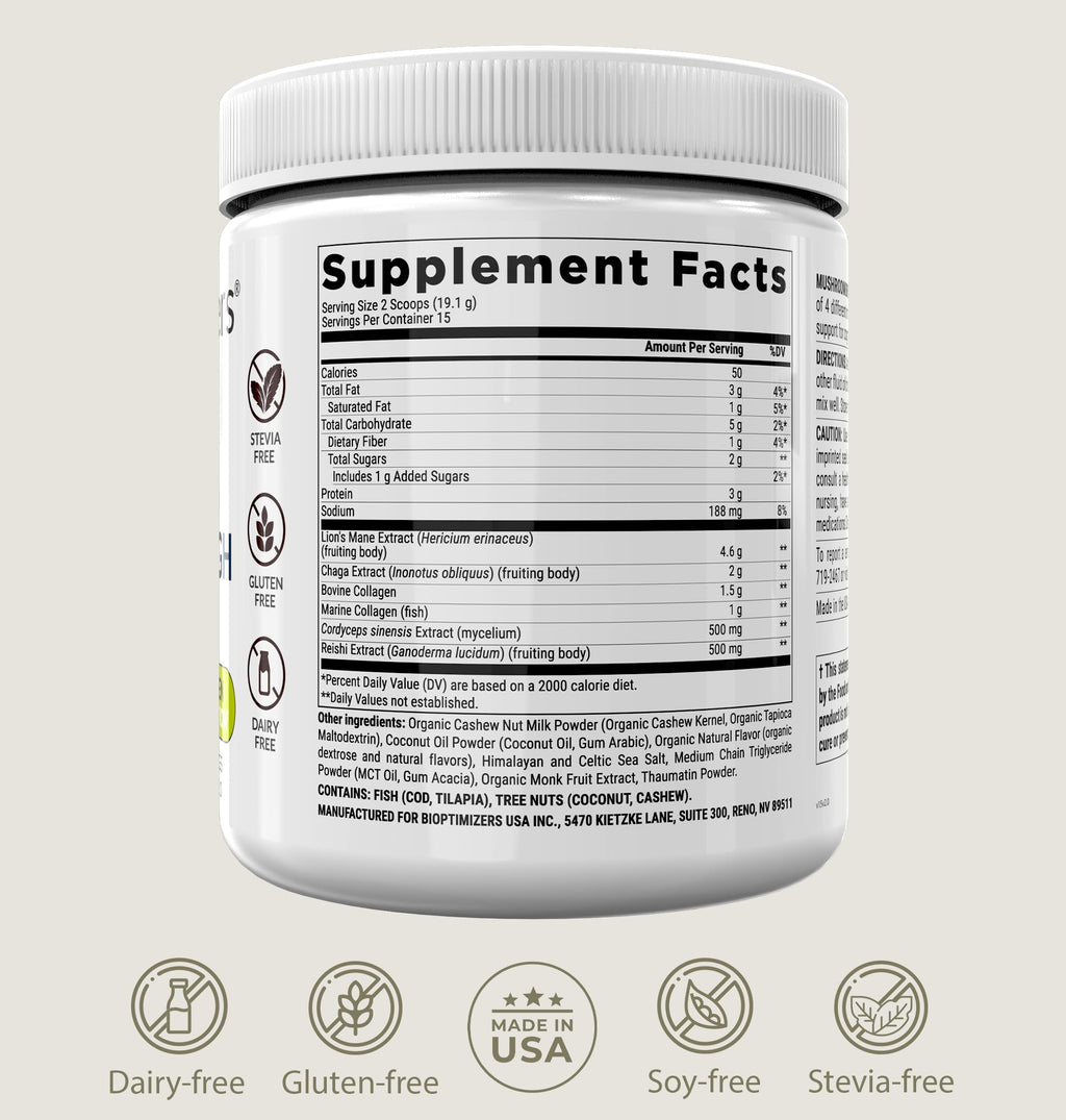 BIOptimizers Mushroom Coffee Alternative – Salted Caramel with Lion's Mane, Chaga, Reishi + Collagen & MCT (15 Servings)