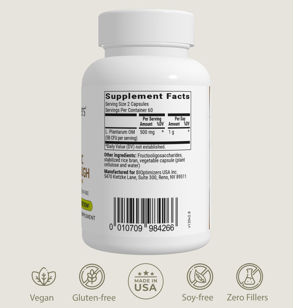 BiOptimizers Probiotic Breakthrough | Lactobacillus Plantarum OM Probiotics & Prebiotics for Gut, Digestive & Immune Support | 30 Vegan Capsules
