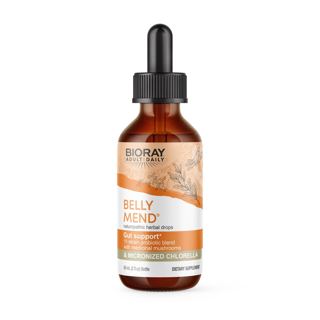 BIORAY Daily Belly Mend - 2 fl oz | 11-Strain Probiotic + Medicinal Mushrooms