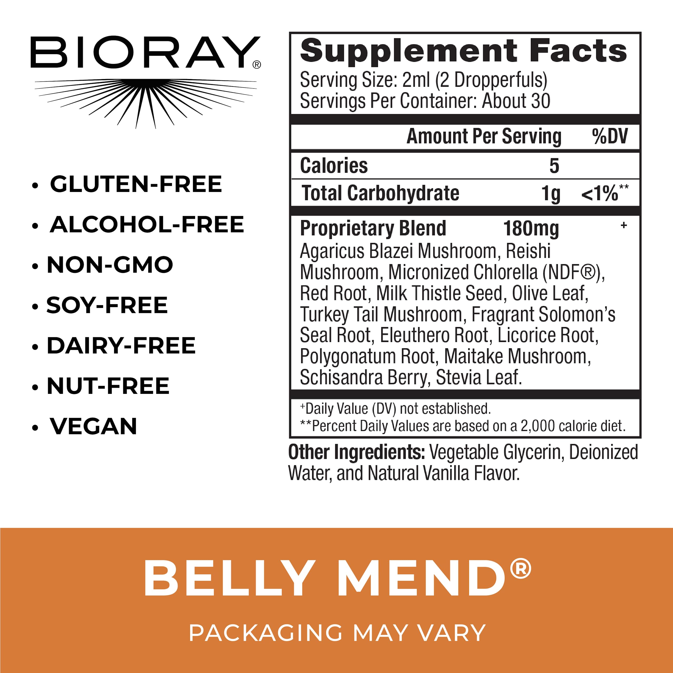 BIORAY Daily Belly Mend - 2 fl oz | 11-Strain Probiotic + Medicinal Mushrooms