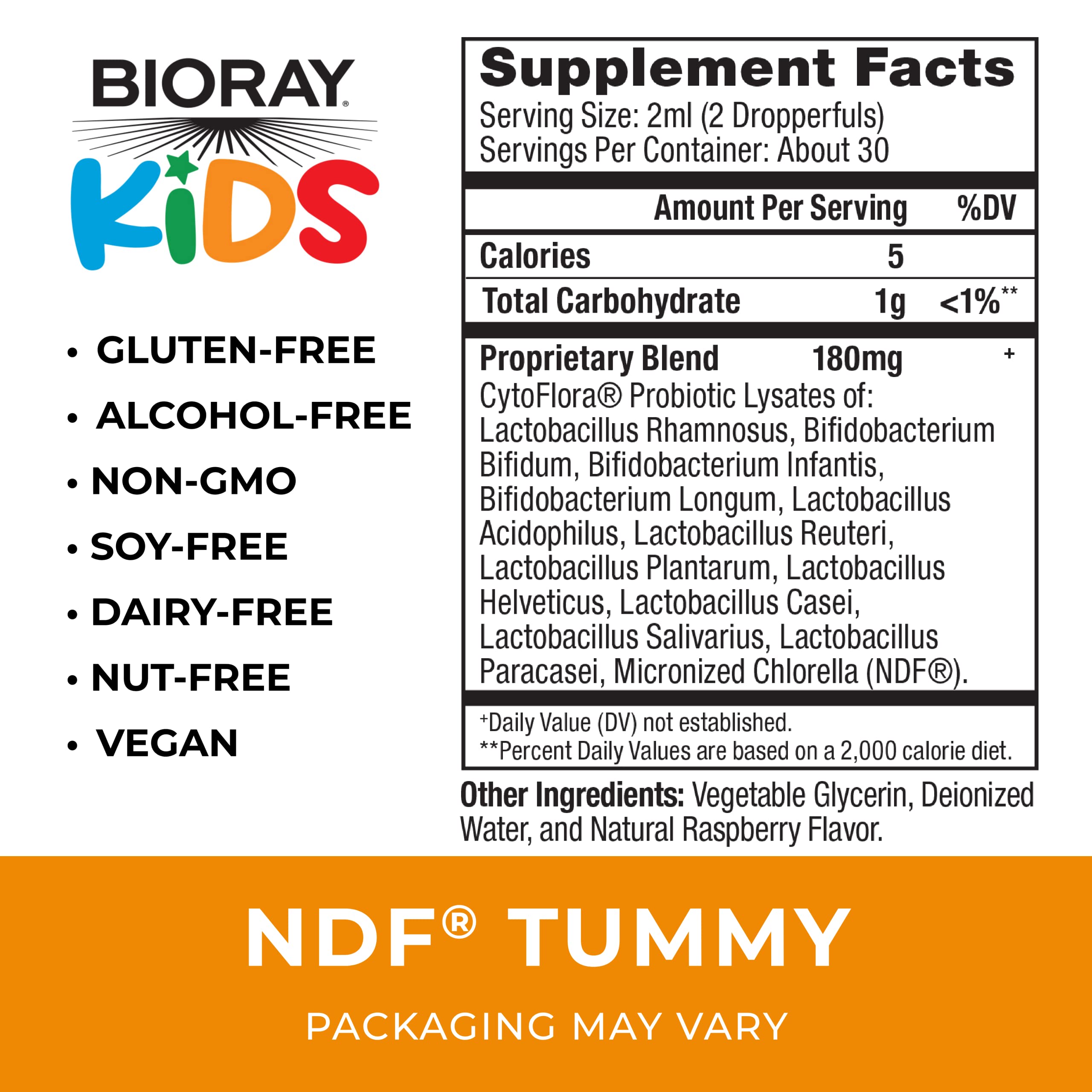 BIORAY Kids NDF Tummy Raspberry – 11-Strain Probiotic, 2 oz, Vegan, Gluten Free