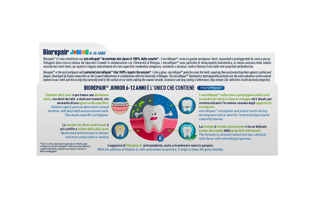 Biorepair Junior 7-14 Years Toothpaste - Fluoride Free with Mint Extract | Italian Import