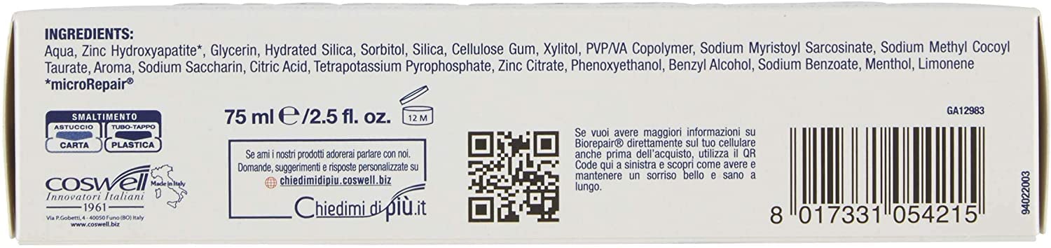 Biorepair Pro White Whitening Toothpaste with microRepair – 75ml Tubes Pack of 4 (Italian Import)