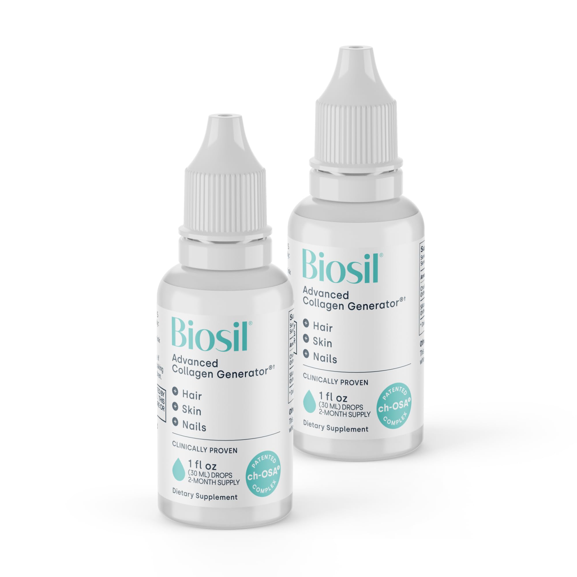 Biosil Collagen Booster Drops - Patented ch-OSA Activator for Skin, Hair, Nails & Joints (1 fl oz x 2)