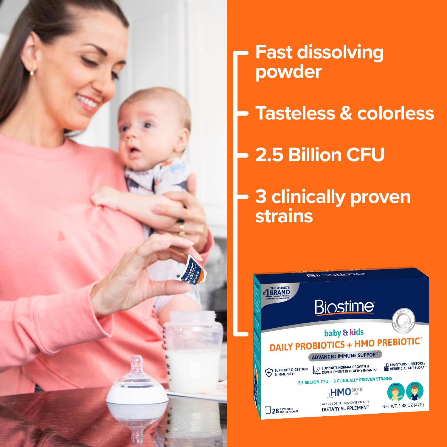 Biostime Baby Probiotic for Kids with HMO & Prebiotic Fiber – Immune Support & Digestion – 28 Powder Packets