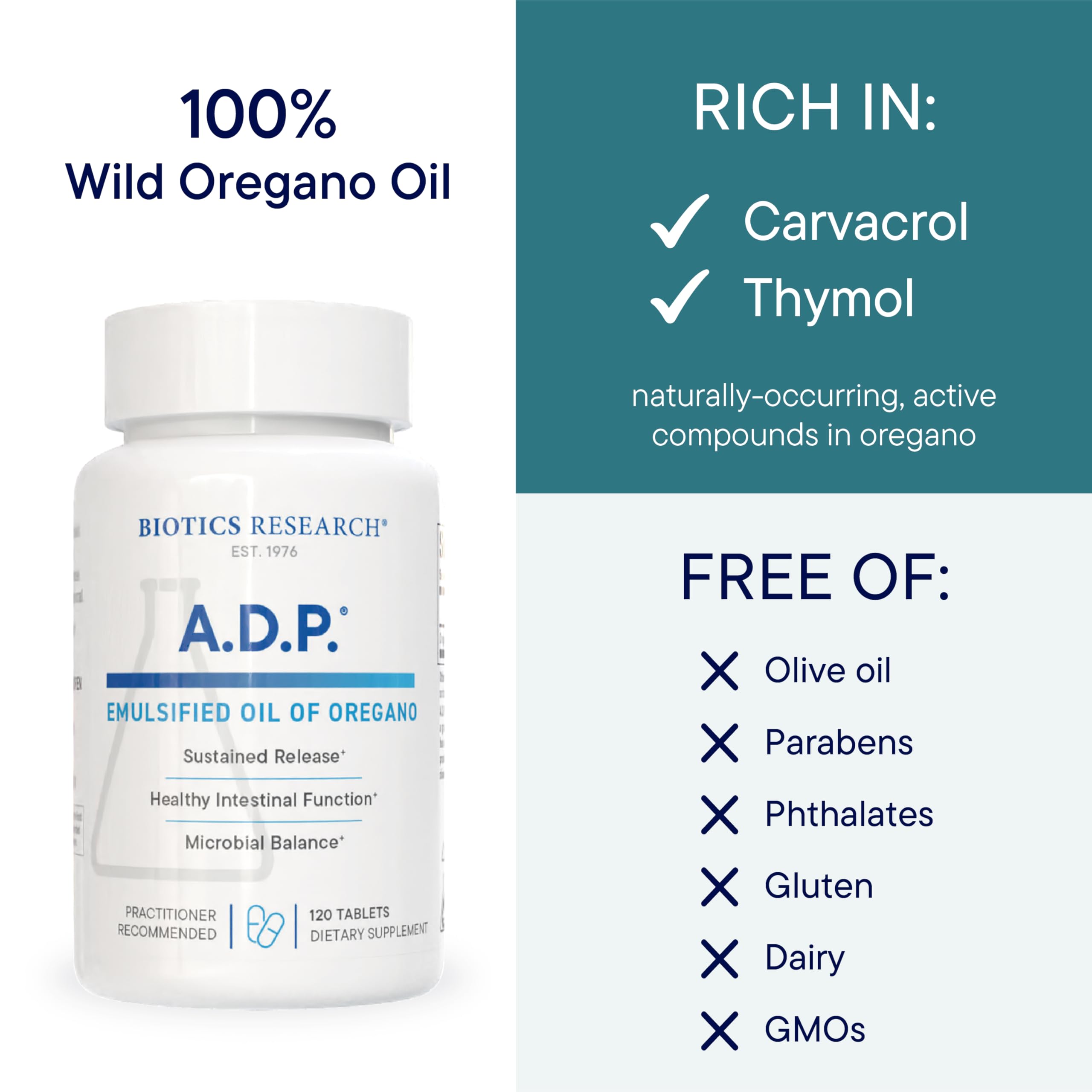 Biotics Research A.D.P. Emulsified Oil of Oregano Tablets – Sustained Release, High Absorption, 120 Tablets
