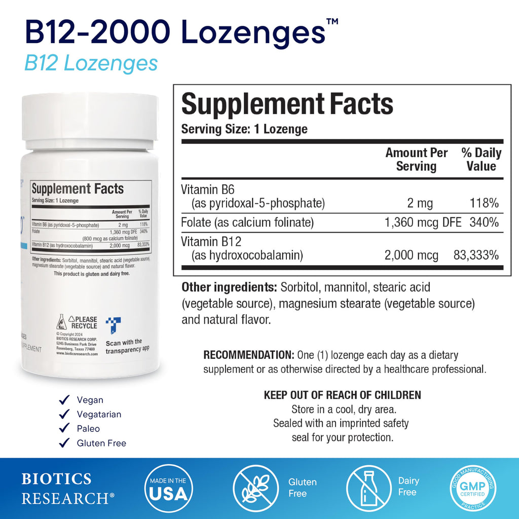 Biotics Research B12-2000™ Sublingual Lozenges – 2000 mcg B12, B6 & Folate, Berry Flavor, 60 Count