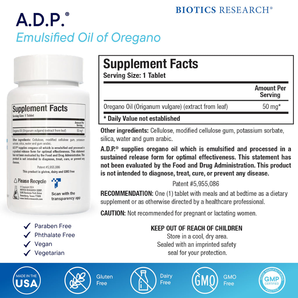 Biotics Research A.D.P. Emulsified Oil of Oregano Tablets – Sustained Release, High Absorption, 120 Tablets