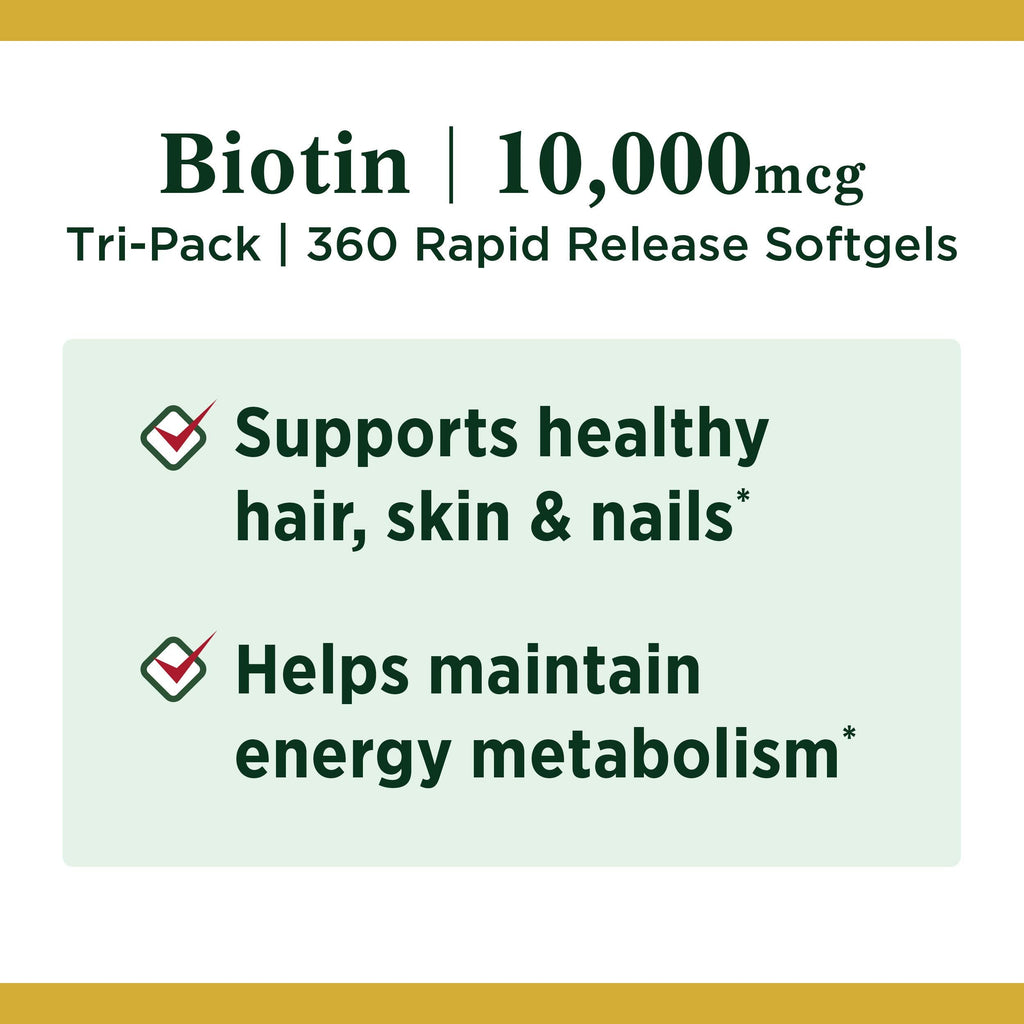 Nature's Bounty Biotin 10,000 mcg – Hair, Skin & Nails – Pack of 3, 120 Count