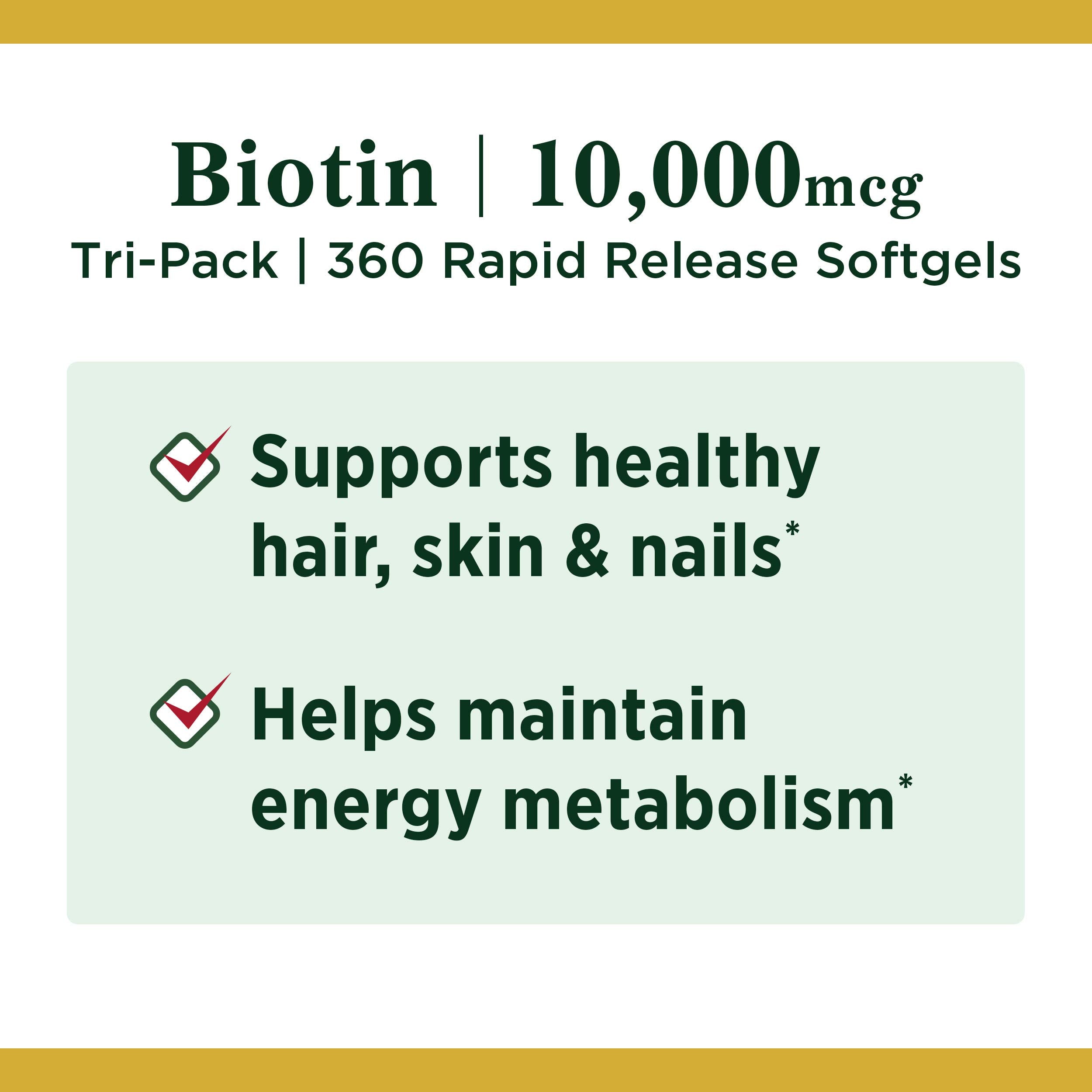 Nature's Bounty Biotin 10,000 mcg – Hair, Skin & Nails – Pack of 3, 120 Count