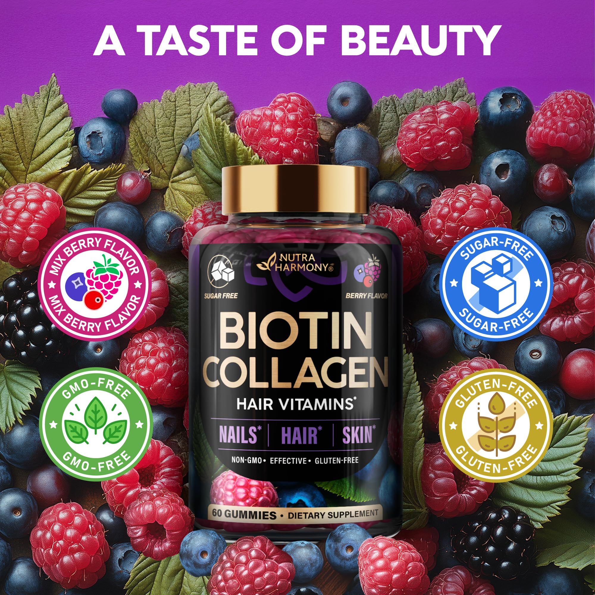 Biotin Gummies with Collagen - Hair, Skin & Nails | Sugar-Free, Mixed Berry, Pack of 2