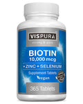 Biotin 10000 mcg + Zinc + Selenium – Vegan Hair, Skin & Nails Supplement | 365 Tablets