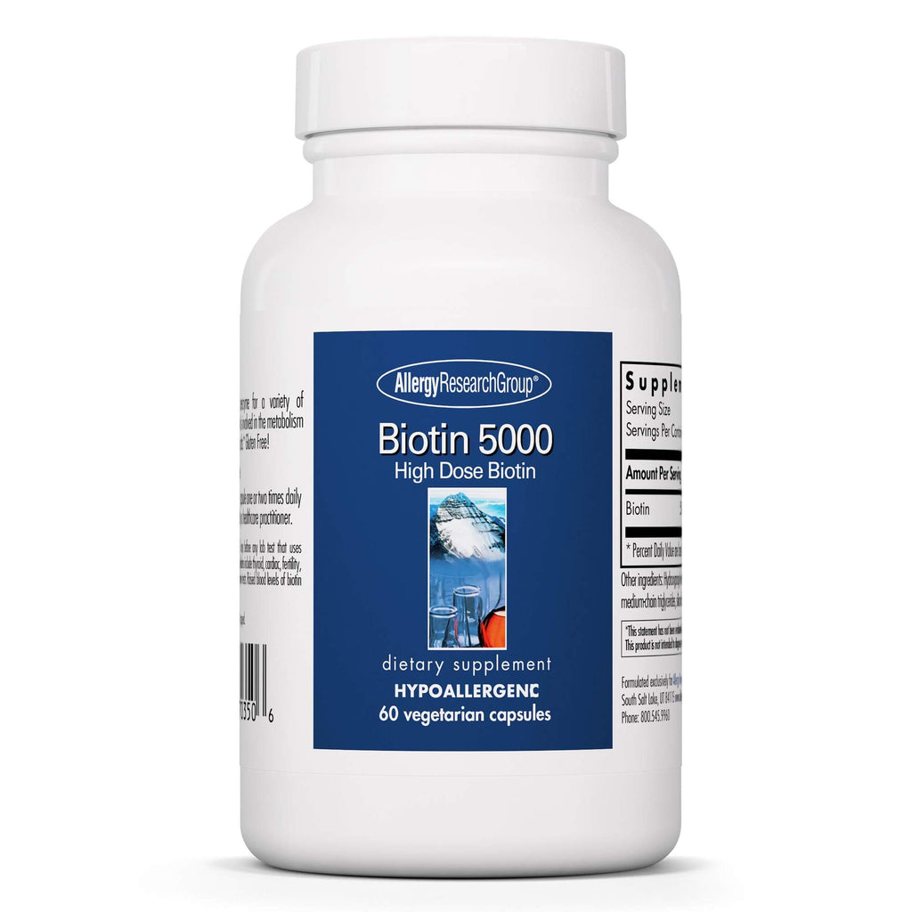 Allergy Research Group Biotin 5000 Supplement - 60 Count | Biotin 5000mcg for Hair, Skin & Nails (Hypoallergenic, Gluten Free)