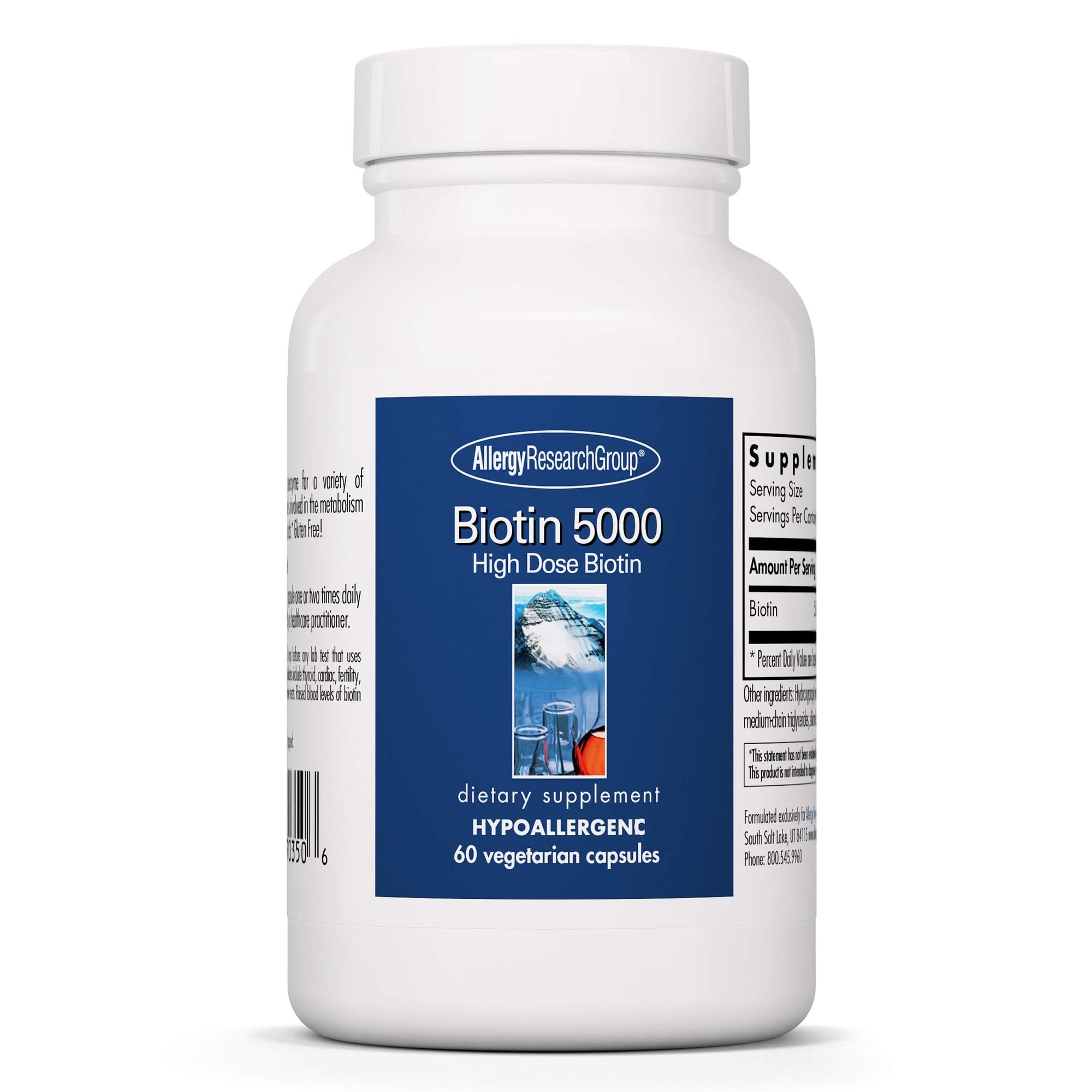 Allergy Research Group Biotin 5000 Supplement - 60 Count | Biotin 5000mcg for Hair, Skin & Nails (Hypoallergenic, Gluten Free)