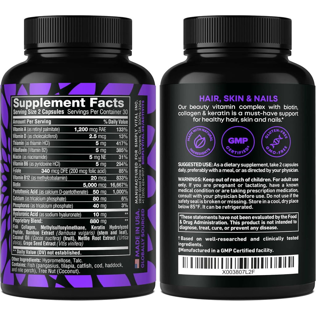 Biotin & Collagen with Keratin – 25000 mcg, Hair Skin Nails – 60 Capsules – Made in USA