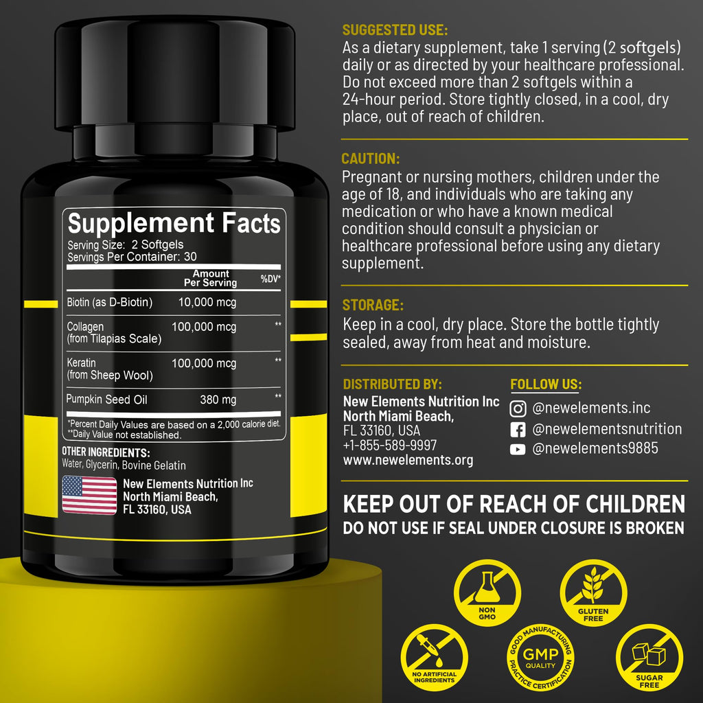 Biotin 10000mcg with Collagen, Keratin & Pumpkin Seed Oil – Hair, Skin & Nails Support | For Women & Men